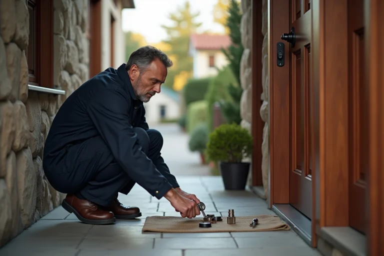 Serrurier installant une serrure haute sécurité sur une porte d'entrée en bois d'une maison individuelle