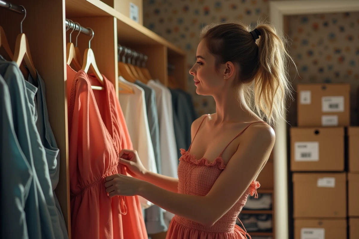 Jeune célébrité choisissant un vêtement dans un dressing organisé