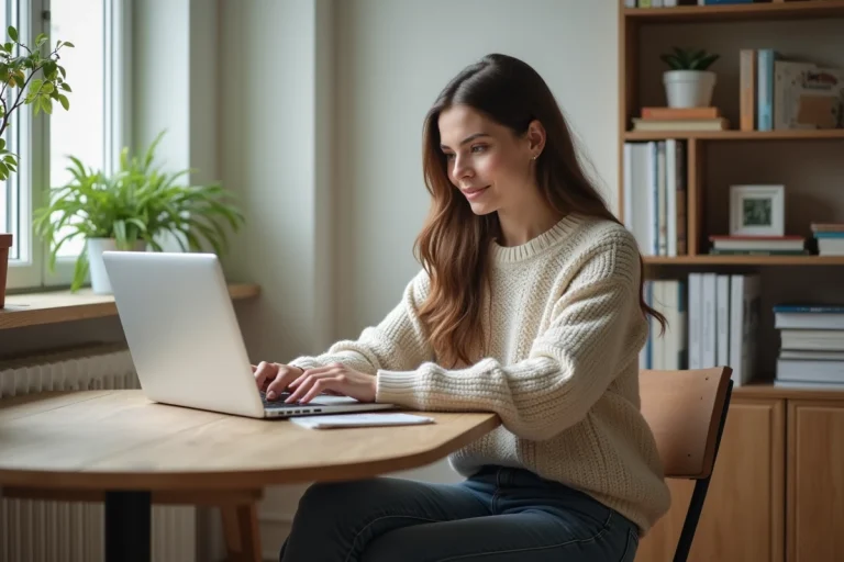 Jeune femme concentrée sur son ordinateur dans un appartement étudiant