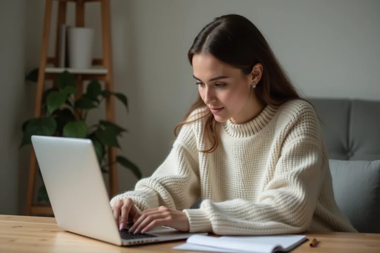 Jeune femme concentrée écrivant sur un ordinateur dans un bureau moderne