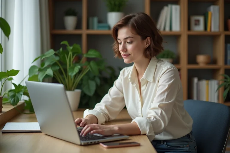 Jeune femme concentrée travaillant sur son ordinateur dans un bureau moderne