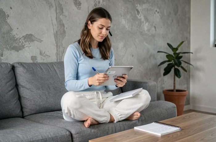 Jeune femme préparant ses questions pour un rendez-vous médical en ligne sur une tablette depuis son salon