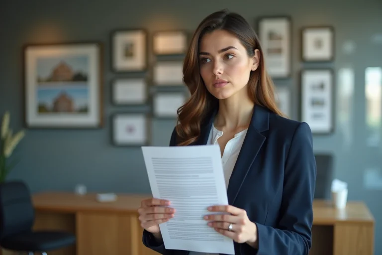 Jeune femme d'affaires tenant un contrat de location dans un bureau immobilier