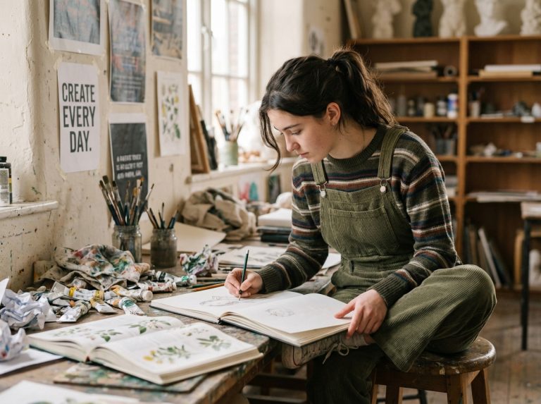 Jeune femme dessinant dans un studio d'art avec fournitures