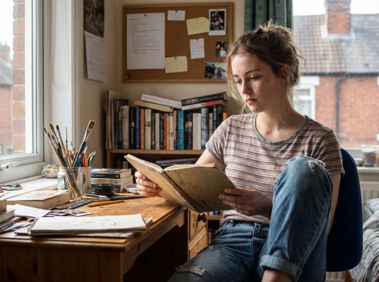 Jeune femme pensante dans son bureau étudiant avec fournitures