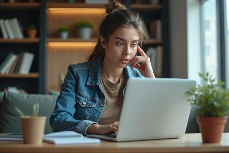 Jeune femme concentrée devant son ordinateur à la maison