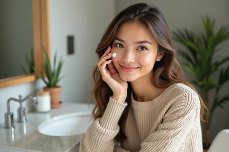 Jeune femme appliquant crème visage visage lumineux