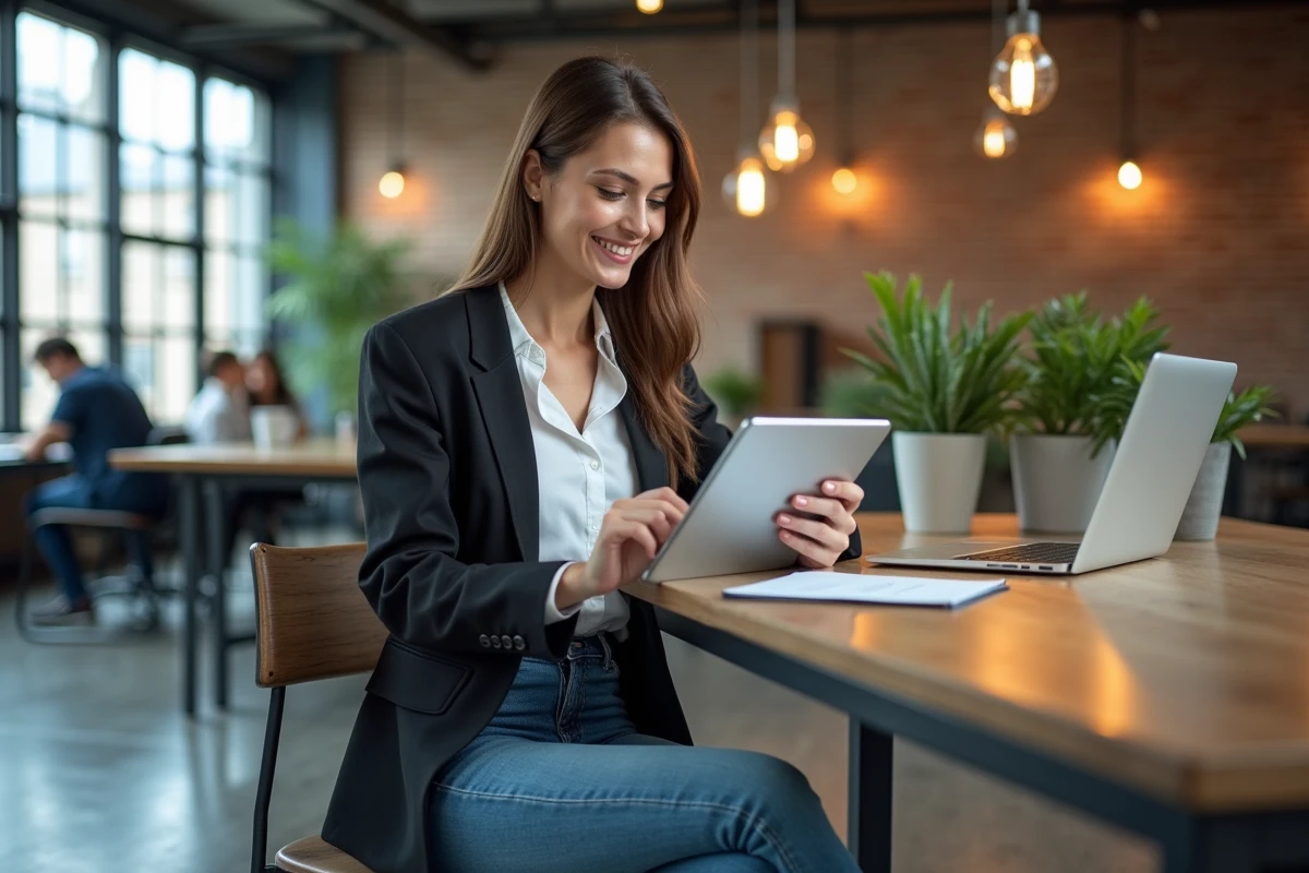 Jeune entrepreneure souriante dans espace de coworking