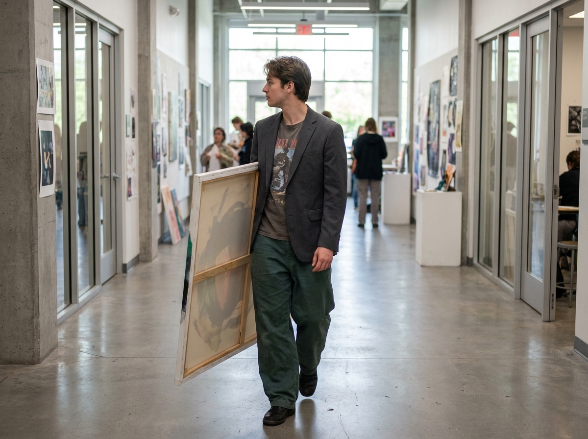 Jeune homme marchant dans un couloir d école d art moderne