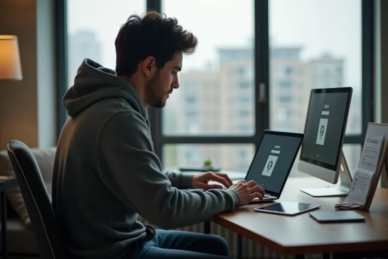 Jeune homme au bureau avec ordinateur et cafe