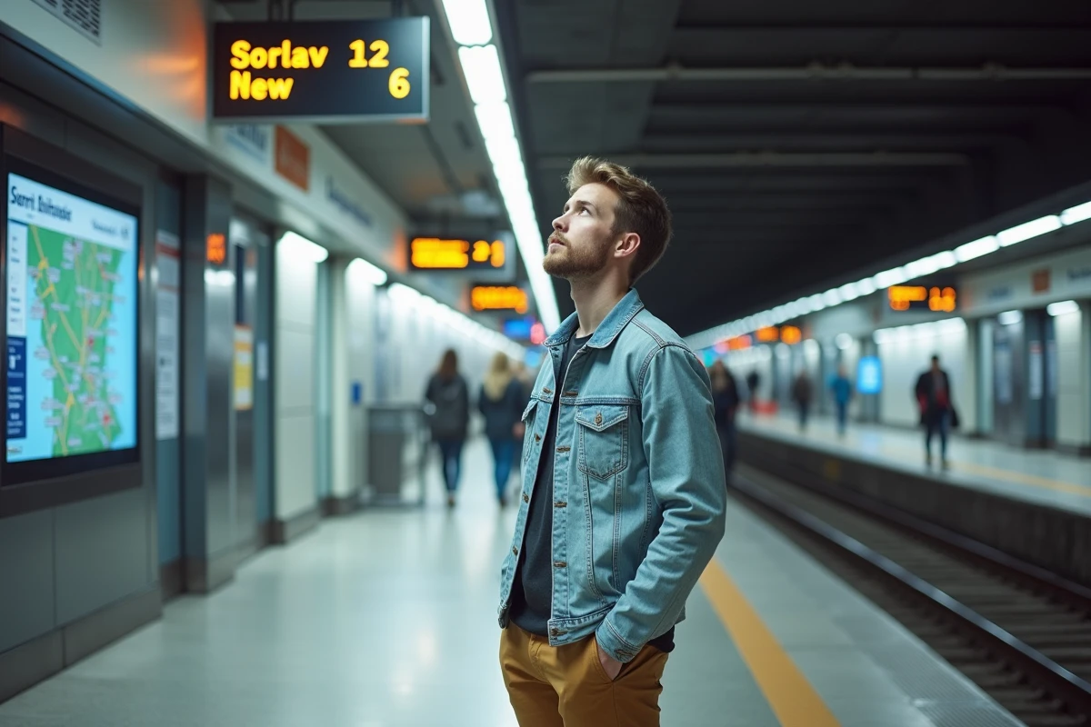 Jeune homme regardant le plan metro dans station souterraine