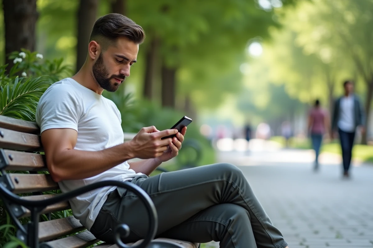 Jeune homme assis sur un banc de parc avec son smartphone