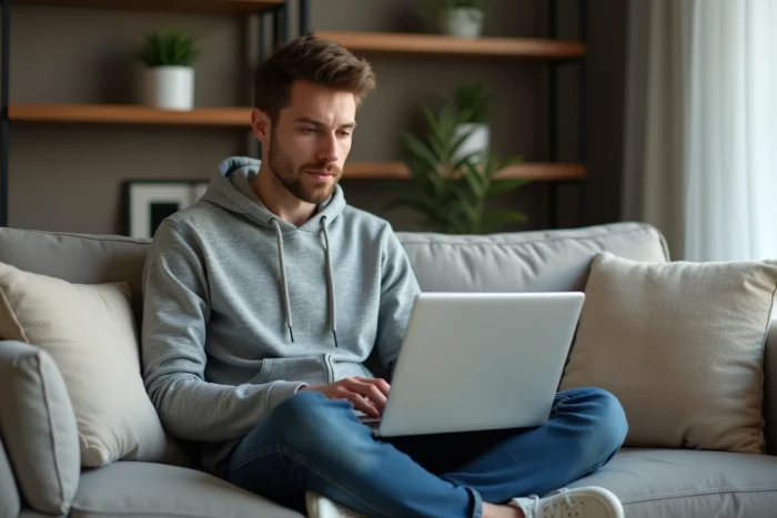 Jeune homme sur canapé regardant streaming sur ordinateur