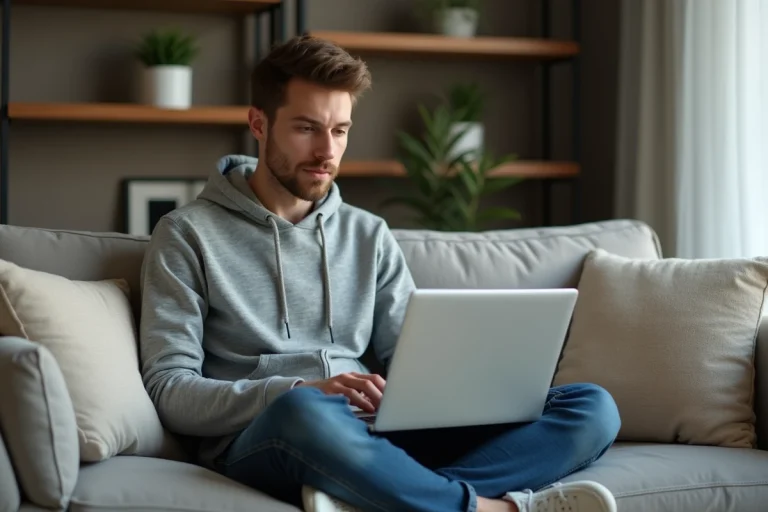 Jeune homme sur canapé regardant streaming sur ordinateur