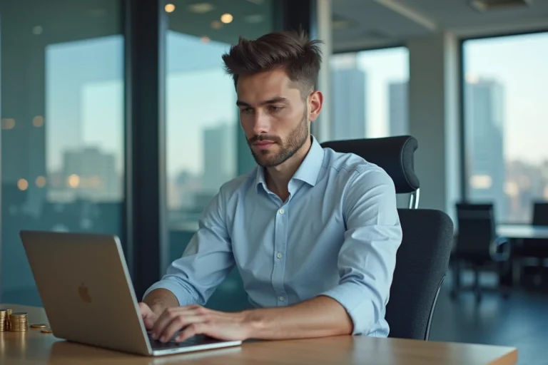 Jeune homme professionnel utilisant un ordinateur dans un bureau moderne avec symboles de crypto et hydrogene