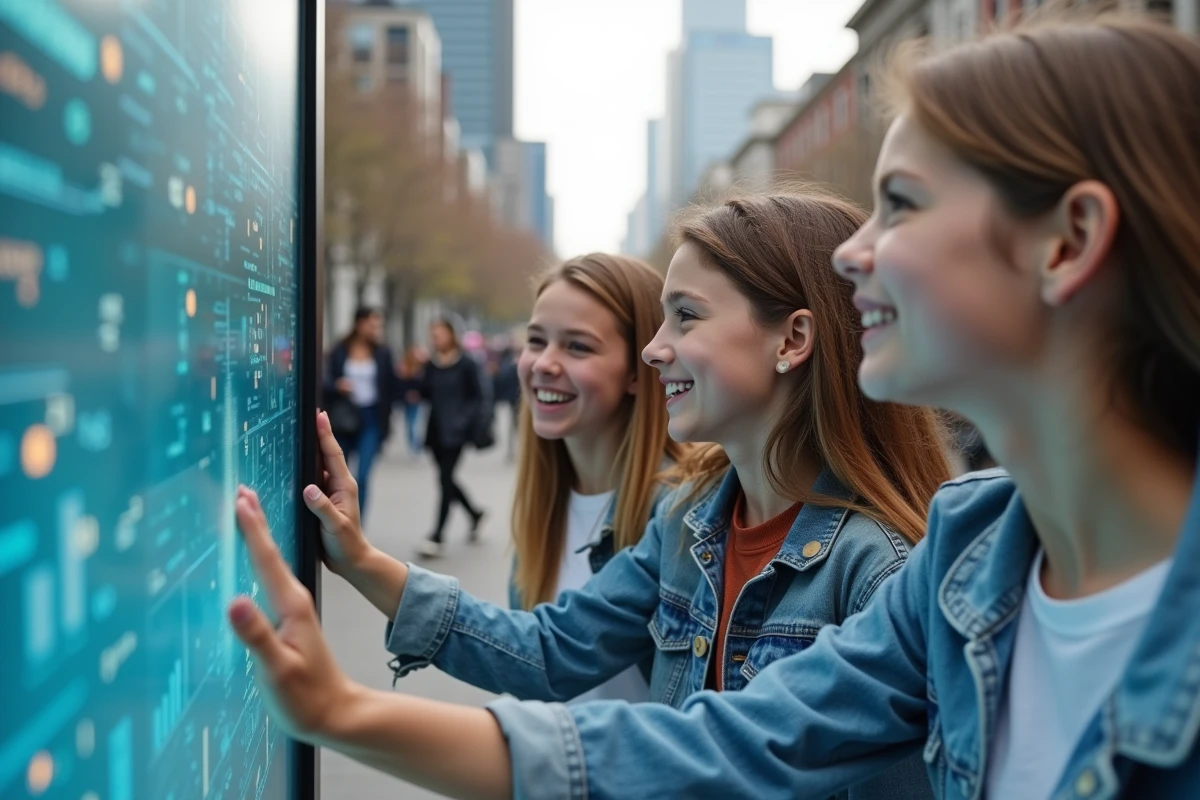 Jeunes souriants interagissant avec un écran urbain