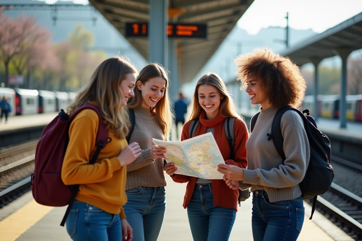 Jeunes en voyage discutant à la gare en début de printemps