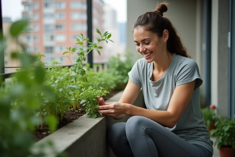 Femme souriante cultivant des herbes sur un balcon urbain