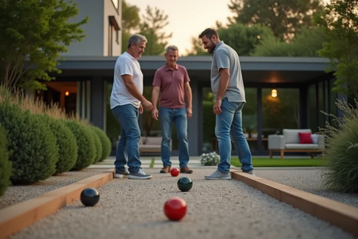 Trois adultes jouant à la pétanque au crépuscule dans un jardin