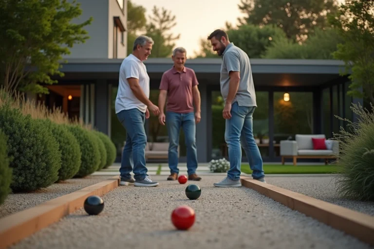 Trois adultes jouant à la pétanque au crépuscule dans un jardin