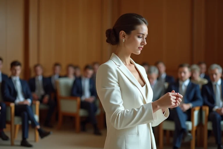 Mariée nerveuse en costume blanc dans une mairie moderne