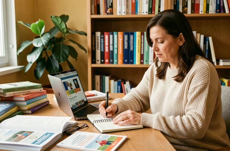 Mère consultant le site Home Educ sur un ordinateur portable dans un bureau à domicile avec des ressources pédagogiques posées sur le bureau