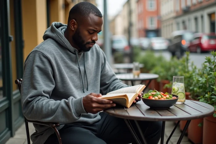 Athlète imposant lisant un livre sur la nutrition végétale en terrasse avec une salade végétalienne et de l'eau infusée