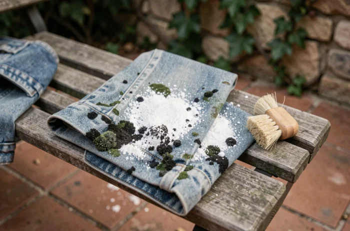 Gros plan sur une veste en denim avec de la moisissure traitée au bicarbonate de soude sur une terrasse extérieure