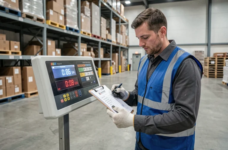 Ouvrier logistique vérifiant une pesée en kilogrammes sur une balance industrielle dans un entrepôt