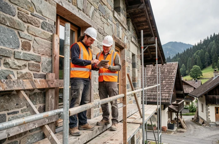 Ouvriers en chantier sur l'échafaudage d'un bâtiment en rénovation dans un village suisse