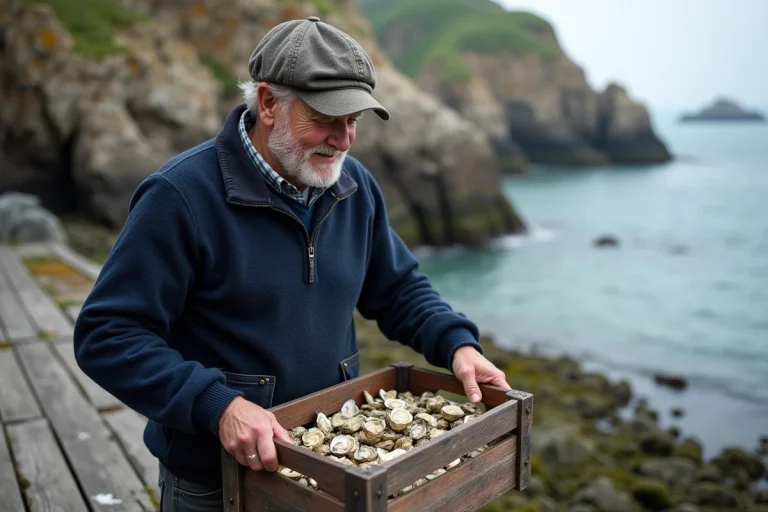 Pêcheur breton souriant triant des huîtres sur le quai