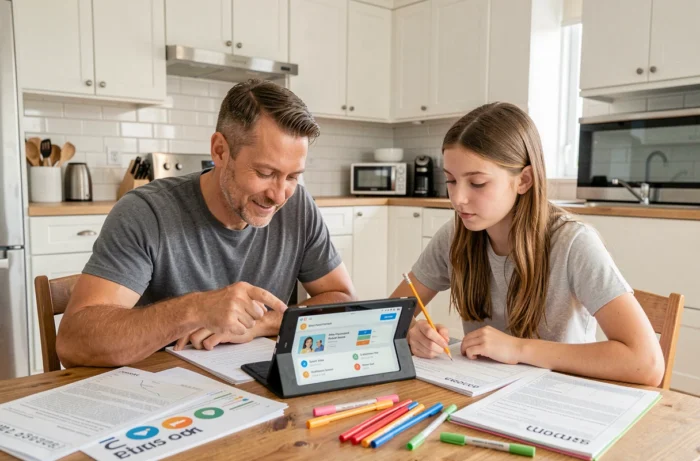 Père et adolescente étudiant ensemble sur une tablette avec des ressources d'instruction en famille étalées sur une table de cuisine