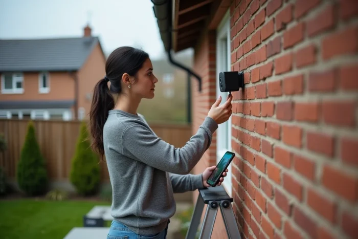 Femme installant une caméra de surveillance extérieure sur le mur en brique d'une maison résidentielle