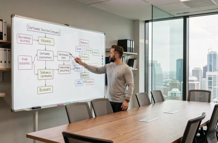 Responsable informatique présentant un comparatif de solutions logicielles en salle de réunion d'entreprise