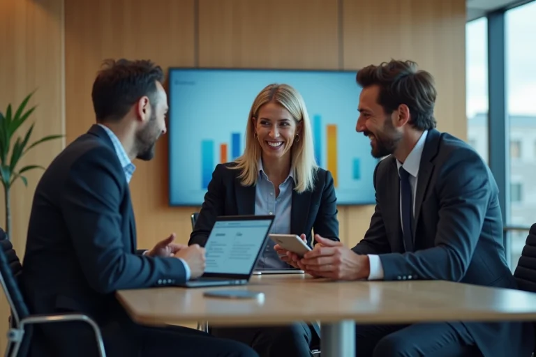 Trois professionnels en réunion dans un bureau moderne