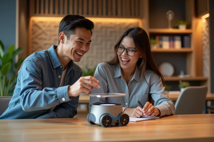 Deux professionnels interagissant avec un robot assistant IA dans un espace de coworking moderne