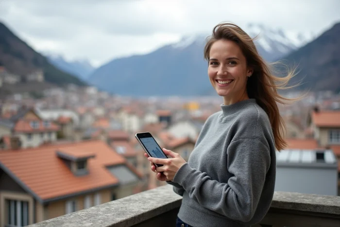 Propriétaire Airbnb souriante sur un balcon à Chambéry consultant ses revenus locatifs sur smartphone