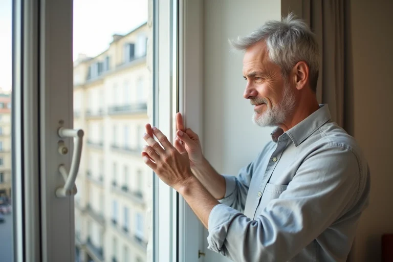 Propriétaire inspectant le cadre d'une fenêtre à double vitrage nouvellement installée dans un appartement parisien