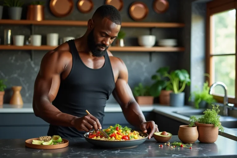 Homme sportif musclé préparant un repas végétalien équilibré dans une cuisine moderne avec des légumes colorés et du quinoa