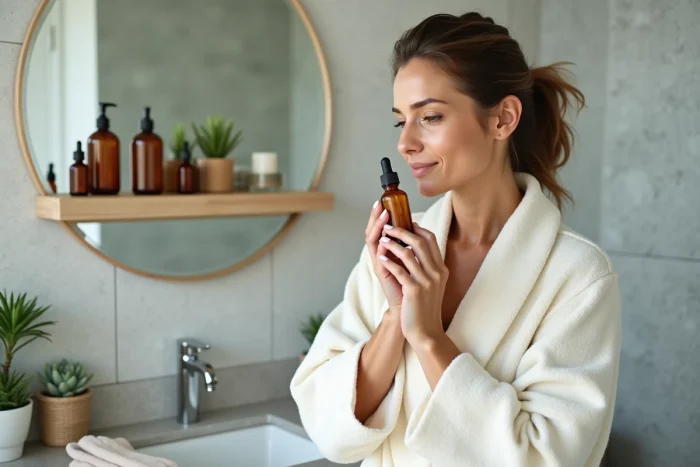Femme appliquant un sérum naturel devant son miroir de salle de bain dans le cadre d'une routine beauté bien-être naturelle