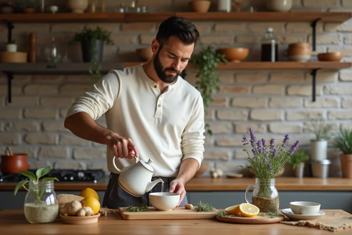 Homme préparant une tisane aux plantes dans une cuisine rustique dans le cadre d'une routine bien-être naturelle au quotidien