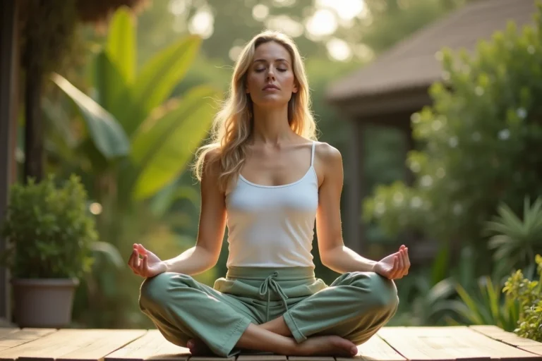 Femme pratiquant le yoga matinal sur une terrasse en bois entourée d'un jardin verdoyant, dans le cadre d'une routine bien-être naturelle