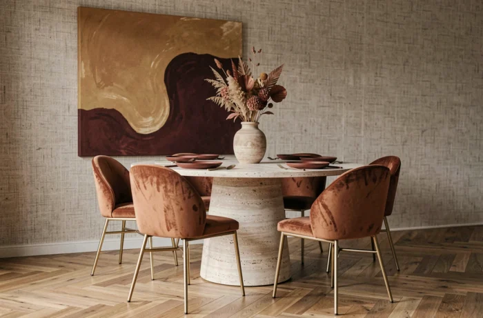 Salle à manger moderne avec table en travertin, chaises velours rouille et œuvre d'art abstraite aux tons ocre et bordeaux tendance