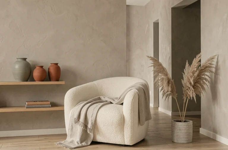 Salon scandinave minimaliste avec fauteuil bouclé crème, étagère en chêne et accessoires déco tendance en céramique terracotta et vert sauge