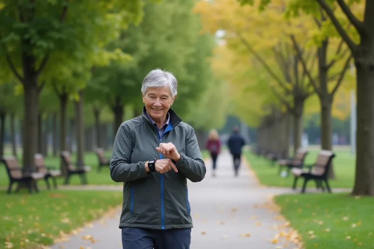 Femme senior active vérifiant sa smartwatch lors d'une marche dans un parc
