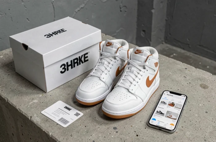 Paire de sneakers authentiques avec boîte d'origine et certificat d'authenticité posés sur béton brut dans un loft urbain