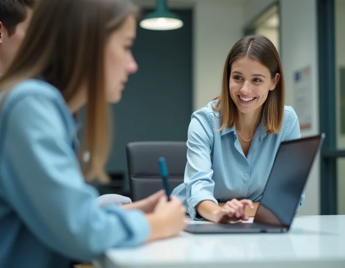 Agent du support informatique universitaire aidant un étudiant à résoudre un problème de connexion ENT Assas au guichet d'assistance du campus