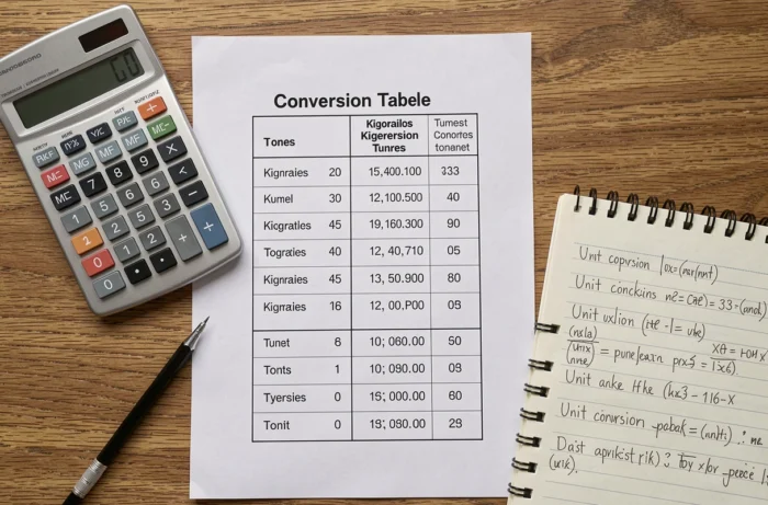 Table de conversion kilogrammes en tonnes posée sur un bureau en bois avec calculatrice et cahier de notes