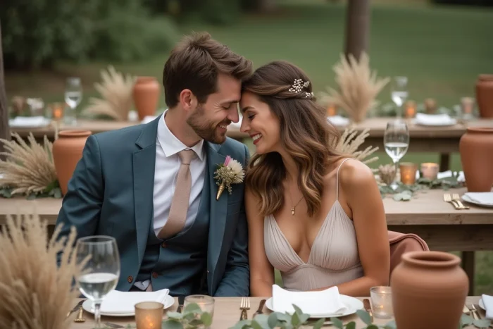 Couple de mariés assis à une longue table de réception rustique décorée de pampa et de bougies en terre cuite, tendance mariage bohème