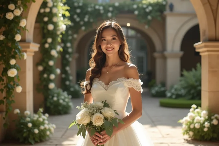 Mariée en robe de satin ivoire tenant un bouquet de pivoines dans une cour en pierre ornée de roses blanches, tendances mariage 2024